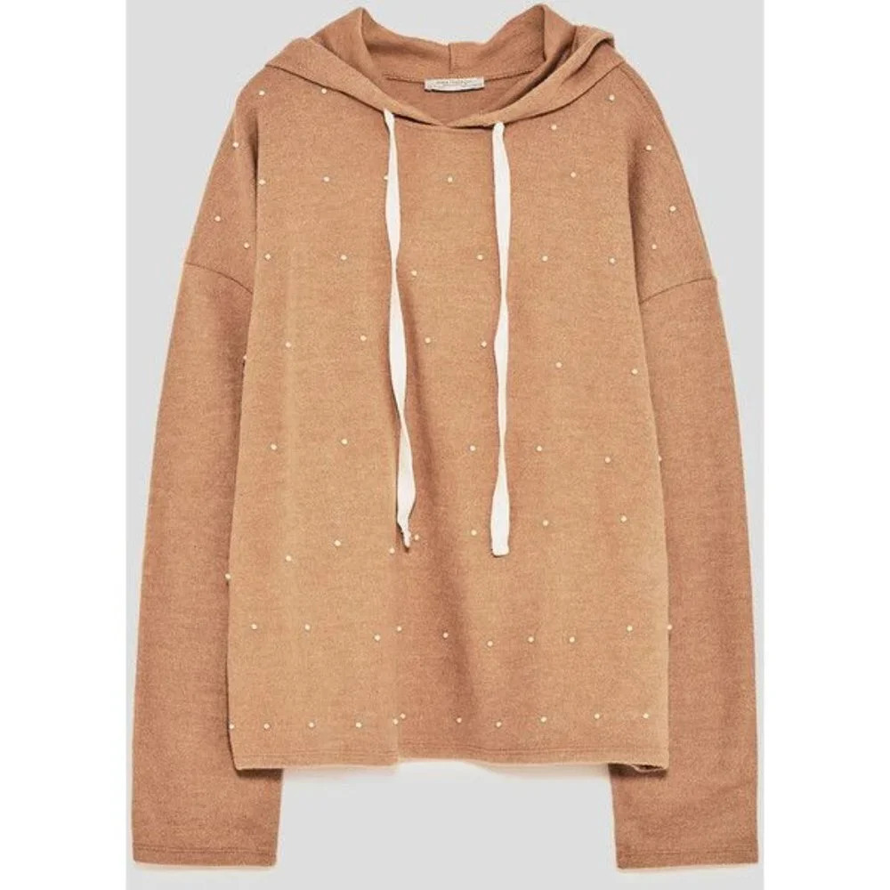 Zara Pearl Sweatshirt Sweater Pullover Hooded Tan Camel Size Small